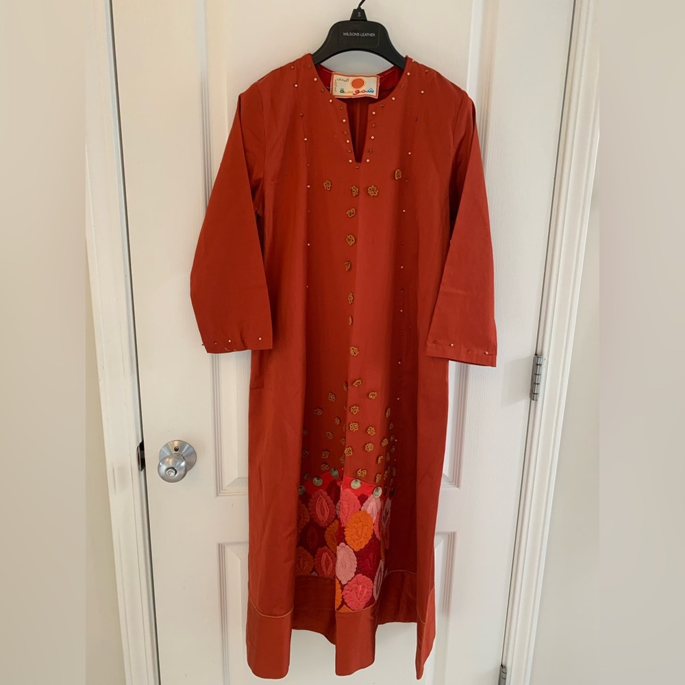 Fire Orange Embroidered Dress / Arab Traditional Abaya